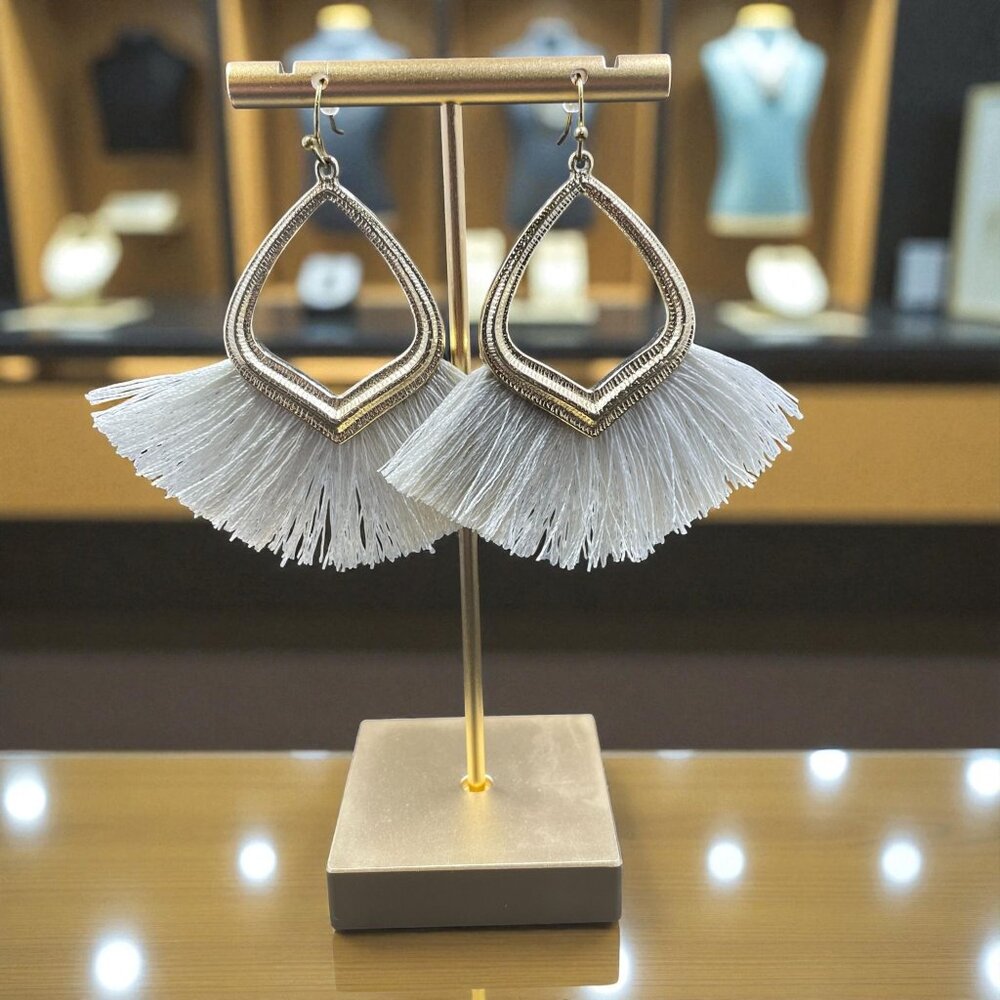 Gold Fringe Fan Tassel Earrings Festival Boho‎ Statement Whimsical Vacation Chic